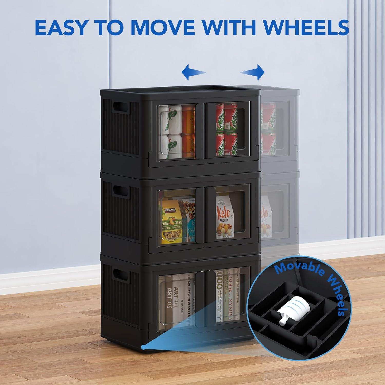 image:imageFLEXIMOUNTS 228 QT Stackable Storage Bins With Lids Collapsible Plastic Storage Bins With Doors and Builtin Wheels For Home Dorm Closet Organizers and Storage 3 Pack Cubes BlackBlack