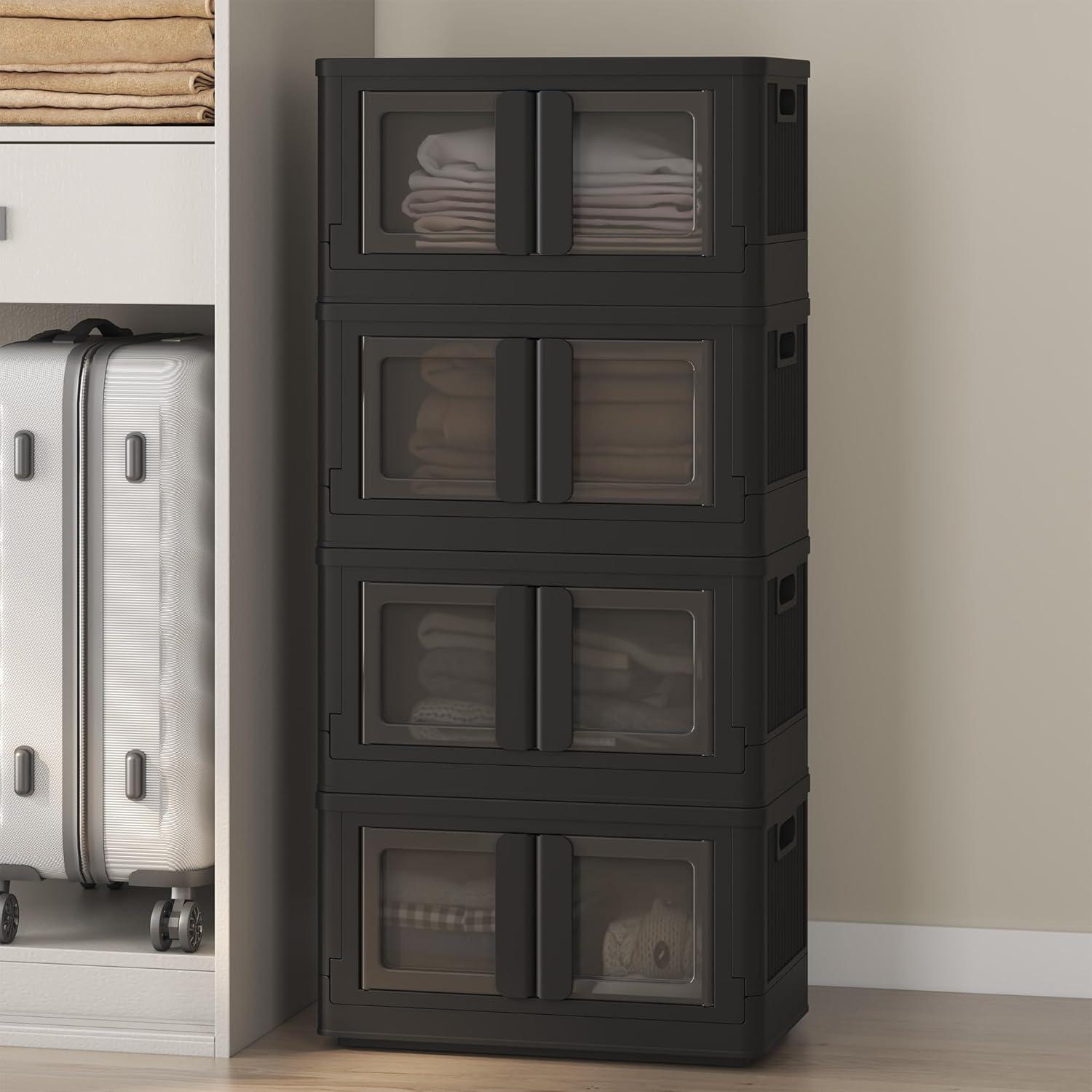 image:imageFLEXIMOUNTS 228 QT Stackable Storage Bins With Lids Collapsible Plastic Storage Bins With Doors and Builtin Wheels For Home Dorm Closet Organizers and Storage 3 Pack Cubes BlackBlack