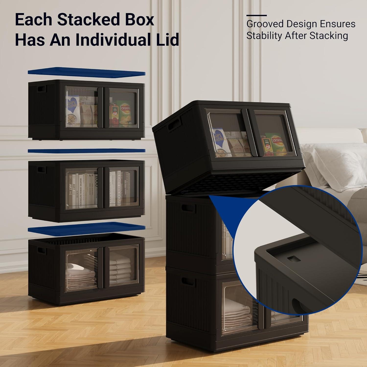 image:imageFLEXIMOUNTS 228 QT Stackable Storage Bins With Lids Collapsible Plastic Storage Bins With Doors and Builtin Wheels For Home Dorm Closet Organizers and Storage 3 Pack Cubes BlackBlack