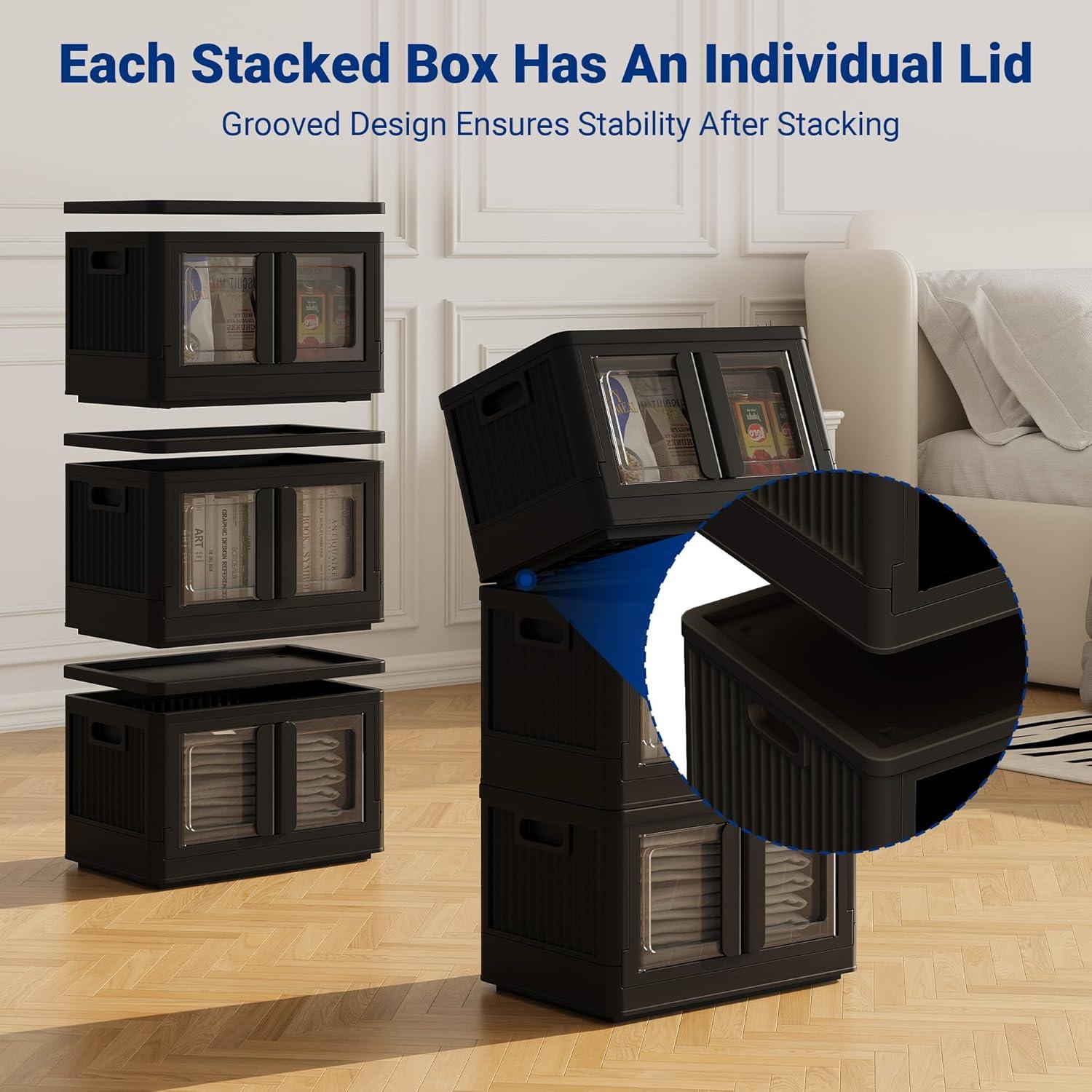 image:imageFLEXIMOUNTS 228 QT Stackable Storage Bins With Lids Collapsible Plastic Storage Bins With Doors and Builtin Wheels For Home Dorm Closet Organizers and Storage 3 Pack Cubes BlackBlack