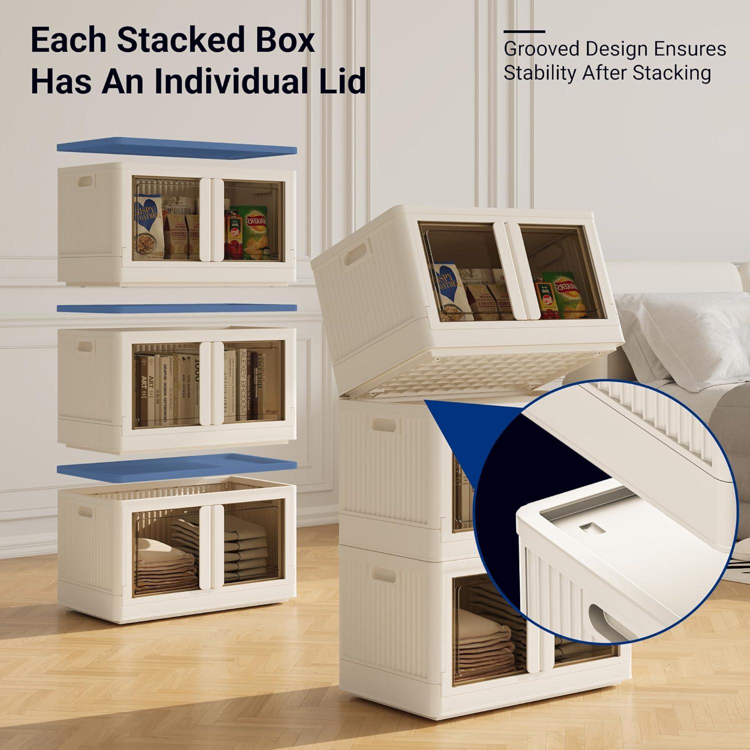 image:imageFLEXIMOUNTS 228 QT Stackable Storage Bins With Lids Collapsible Plastic Storage Bins With Doors and Builtin Wheels For Home Dorm Closet Organizers and Storage 3 Pack Cubes BlackMilky White