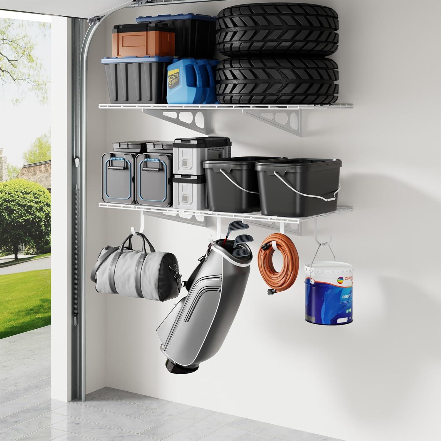 image:imageFLEXIMOUNTS 2Pack 2x4ft Garage Shelving with Hooks 24inchby48inch Wall Shelf Garage Storage Racks Floating Shelves Black Classic SeriesWhite