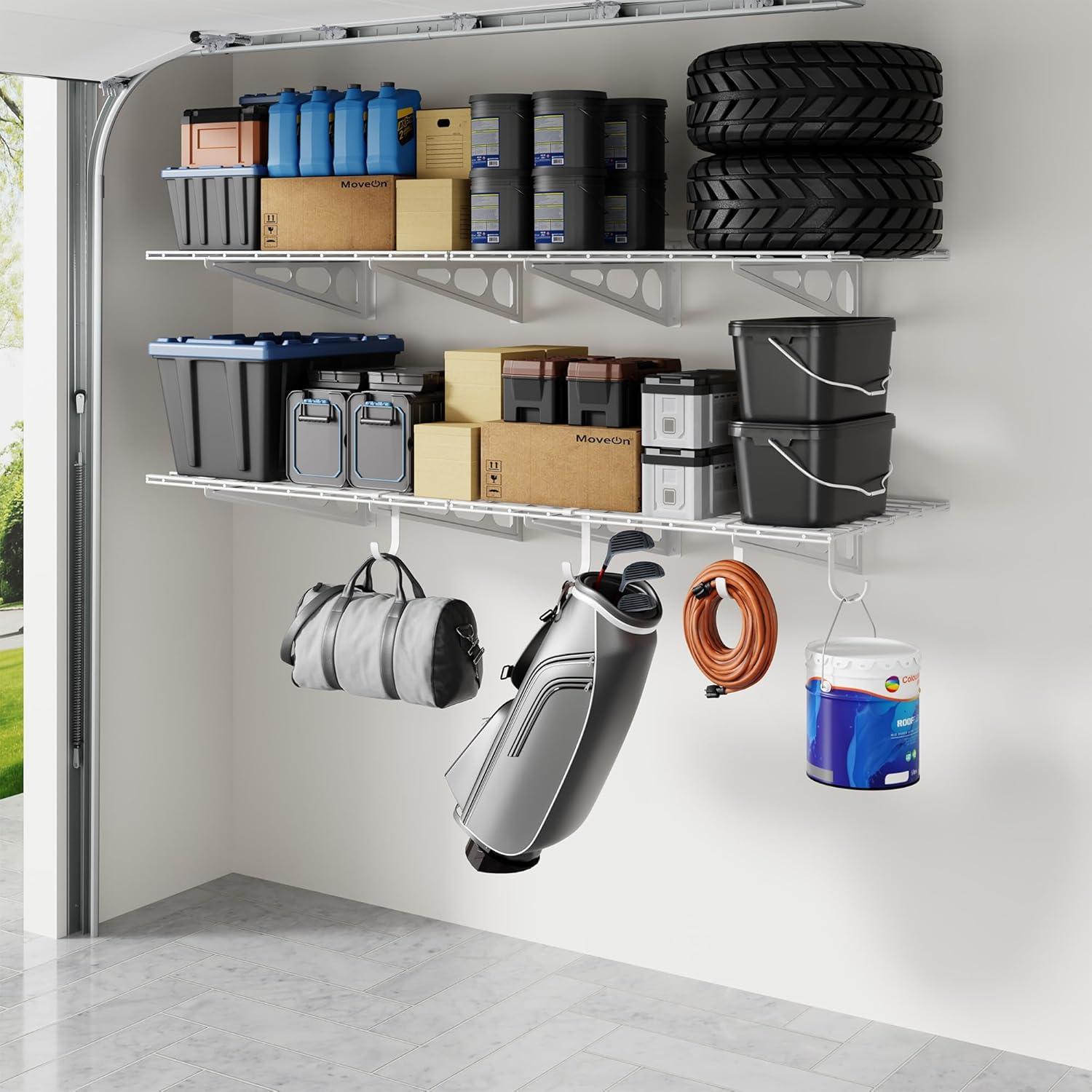 image:imageFLEXIMOUNTS 2Pack 2x4ft Garage Shelving with Hooks 24inchby48inch Wall Shelf Garage Storage Racks Floating Shelves Black Classic SeriesWhite