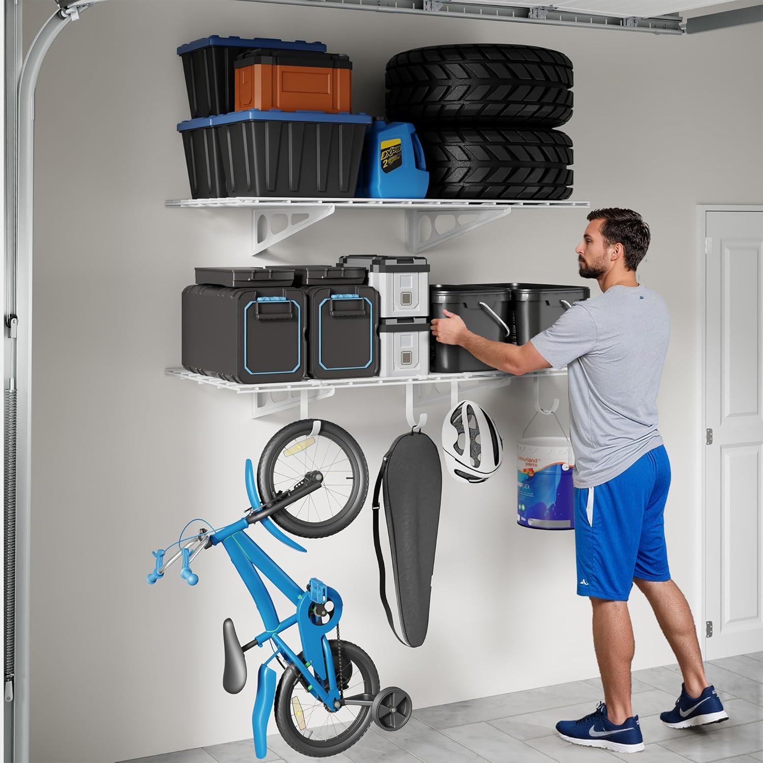 image:imageFLEXIMOUNTS 2Pack 2x4ft Garage Shelving with Hooks 24inchby48inch Wall Shelf Garage Storage Racks Floating Shelves Black Classic SeriesWhite