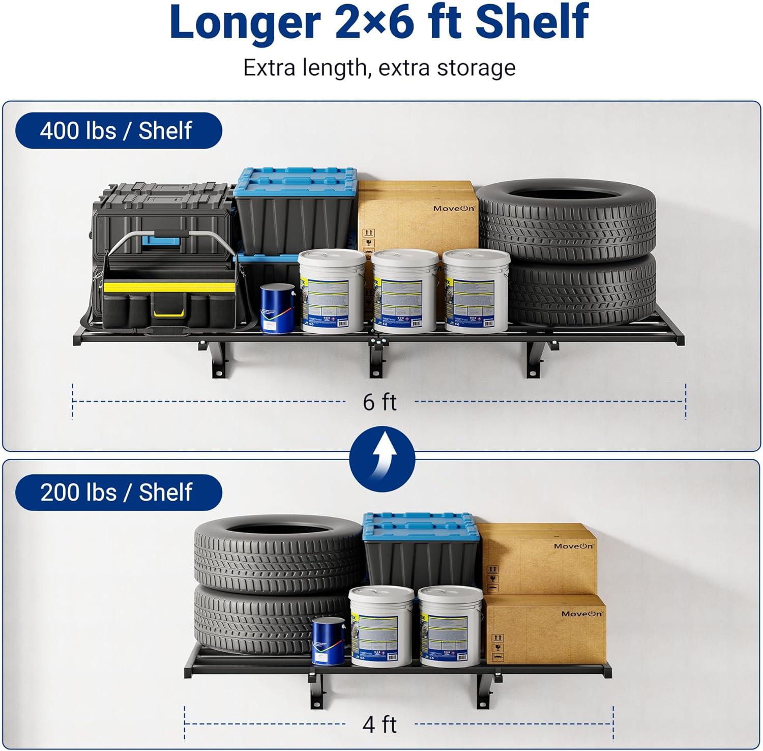 image:imageFLEXIMOUNTS 2x6ft Heavy Duty Garage Storage Shelving 1600lbs Total Weight Capacity 2 Pack Wall Organization System 24 x75inch Rack Floating Shelves Pro Series2pack 2x6ft w 8 hooks800lbs