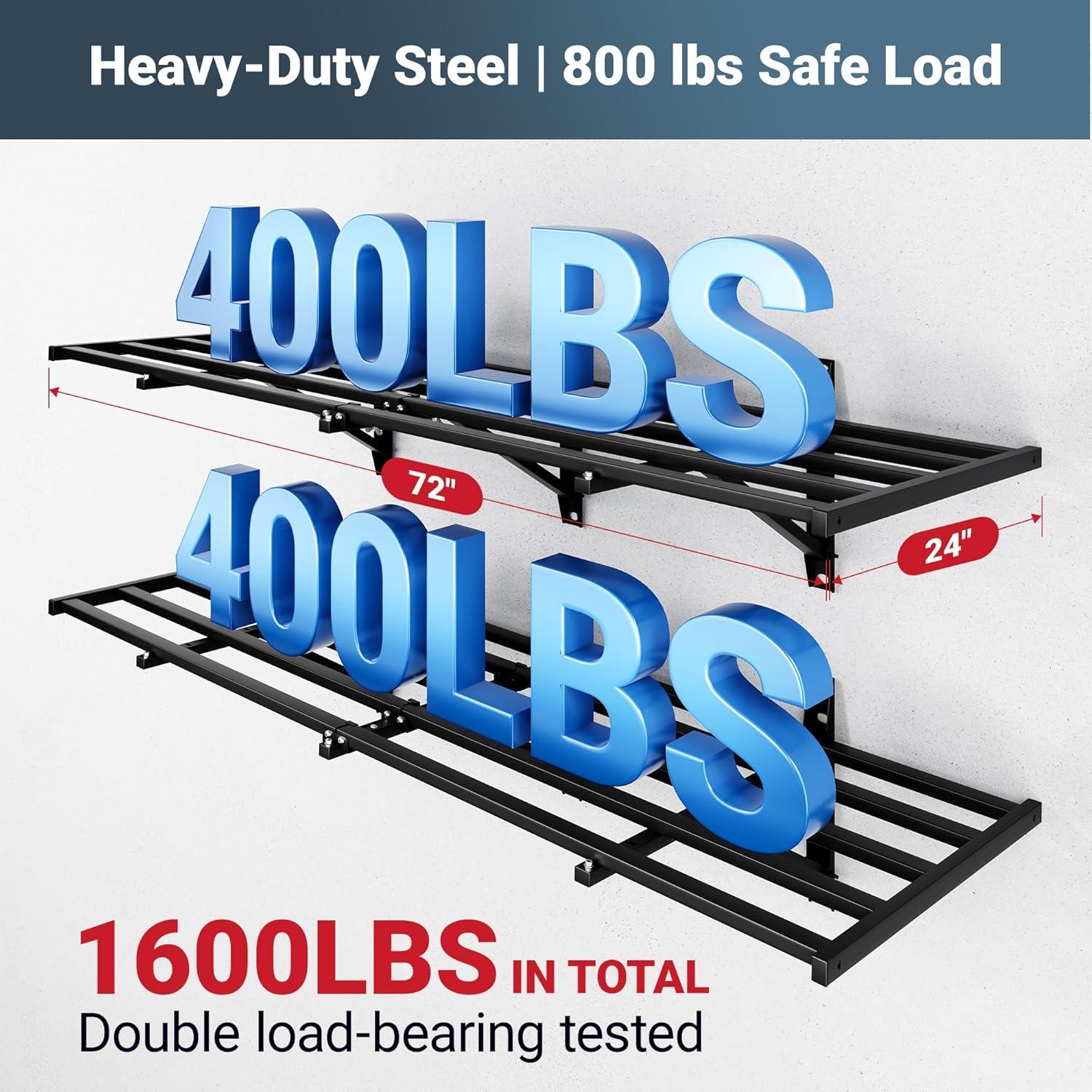 image:imageFLEXIMOUNTS 2x6ft Heavy Duty Garage Storage Shelving 1600lbs Total Weight Capacity 2 Pack Wall Organization System 24 x75inch Rack Floating Shelves Pro Series2pack 2x6ft w 8 hooks800lbs