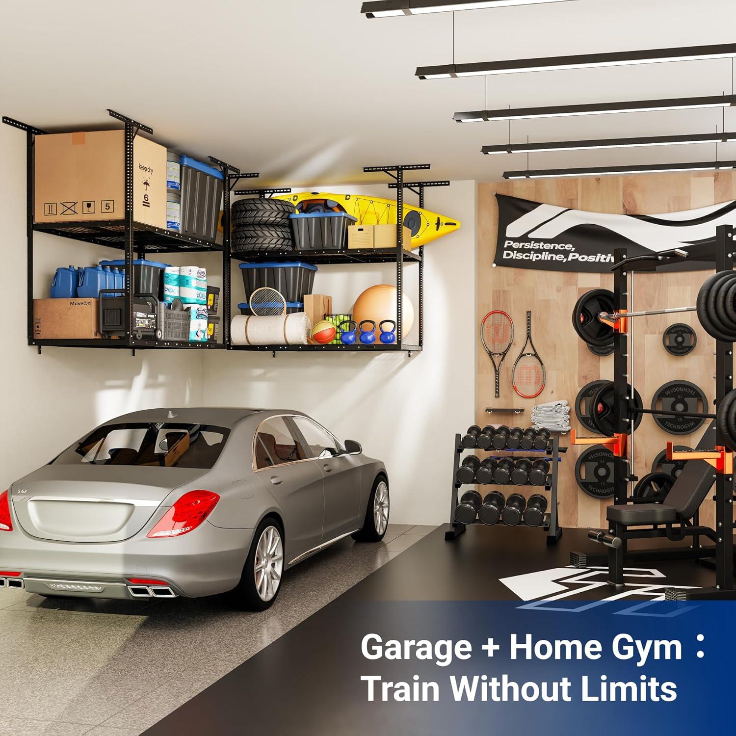 image:imageFLEXIMOUNTS 3x8 2Tier Overhead Garage Storage Rack Adjustable Heavy Duty Metal Garage Ceiling Storage Racks 1000 lbs Capacity Garages Organization System for 915 ft Tall Garages BlackBlack