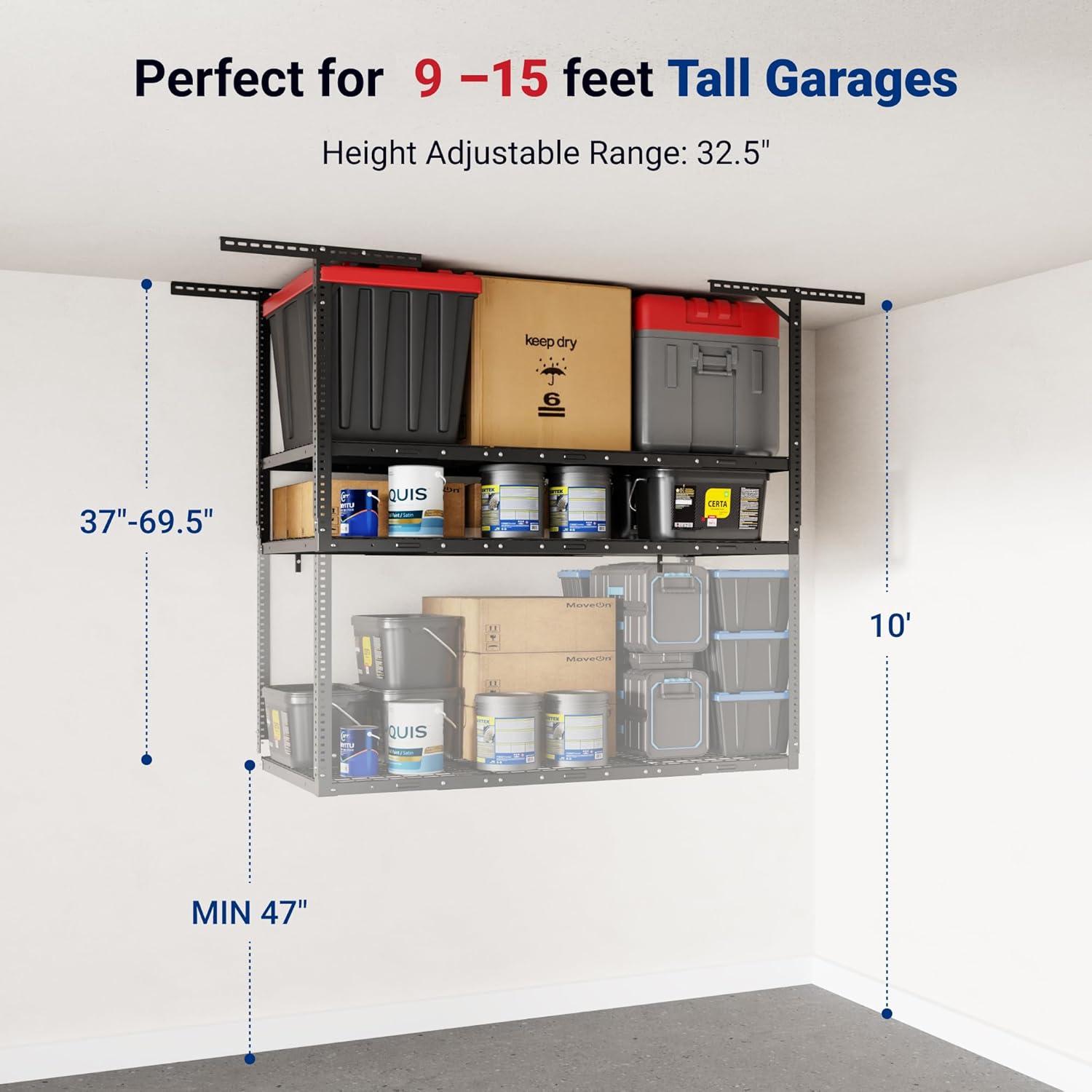 image:imageFLEXIMOUNTS 3x8 2Tier Overhead Garage Storage Rack Adjustable Heavy Duty Metal Garage Ceiling Storage Racks 1000 lbs Capacity Garages Organization System for 915 ft Tall Garages BlackBlack