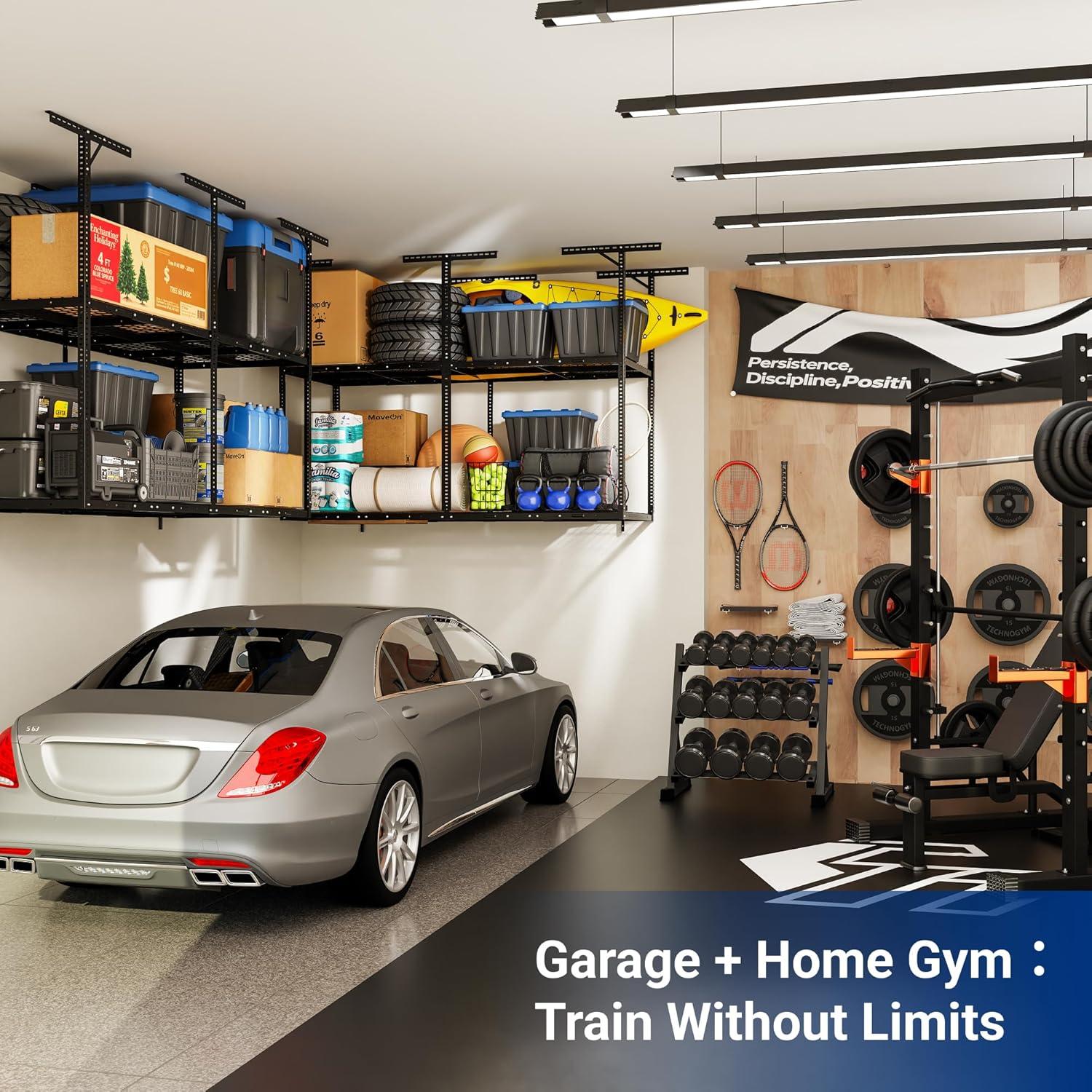 image:imageFLEXIMOUNTS 3x8 2Tier Overhead Garage Storage Rack Adjustable Heavy Duty Metal Garage Ceiling Storage Racks 1000 lbs Capacity Garages Organization System for 915 ft Tall Garages BlackBlack