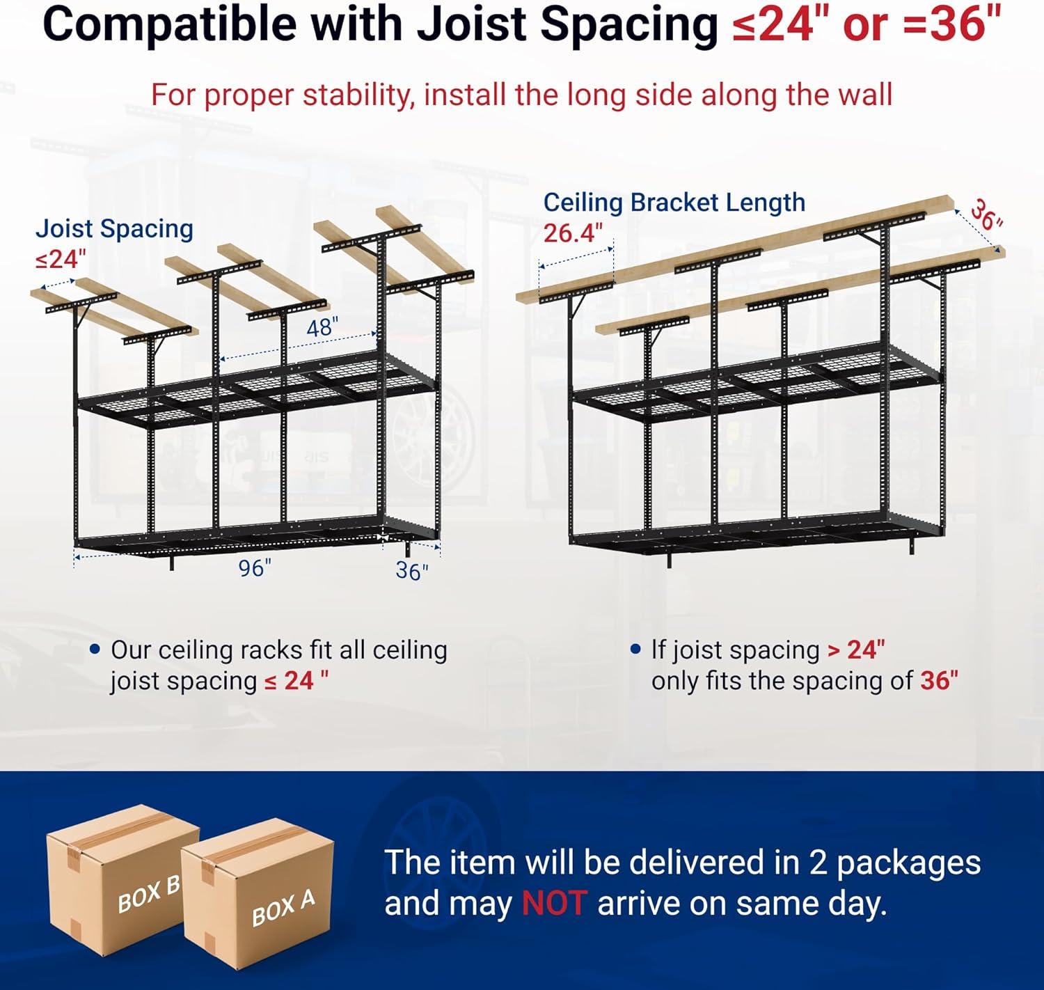 image:imageFLEXIMOUNTS 3x8 2Tier Overhead Garage Storage Rack Adjustable Heavy Duty Metal Garage Ceiling Storage Racks 1000 lbs Capacity Garages Organization System for 915 ft Tall Garages BlackBlack