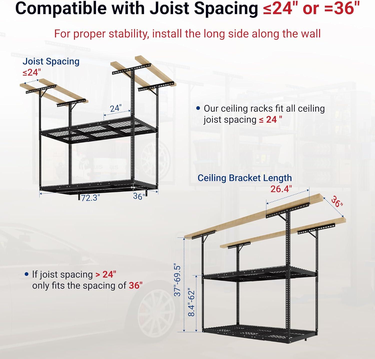 image:imageFLEXIMOUNTS 3x8 2Tier Overhead Garage Storage Rack Adjustable Heavy Duty Metal Garage Ceiling Storage Racks 1000 lbs Capacity Garages Organization System for 915 ft Tall Garages BlackBlack