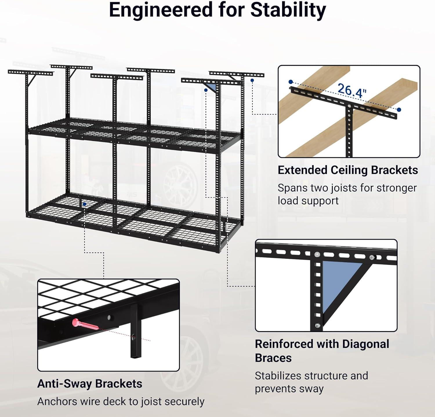 image:imageFLEXIMOUNTS 3x8 2Tier Overhead Garage Storage Rack Adjustable Heavy Duty Metal Garage Ceiling Storage Racks 1000 lbs Capacity Garages Organization System for 915 ft Tall Garages BlackBlack