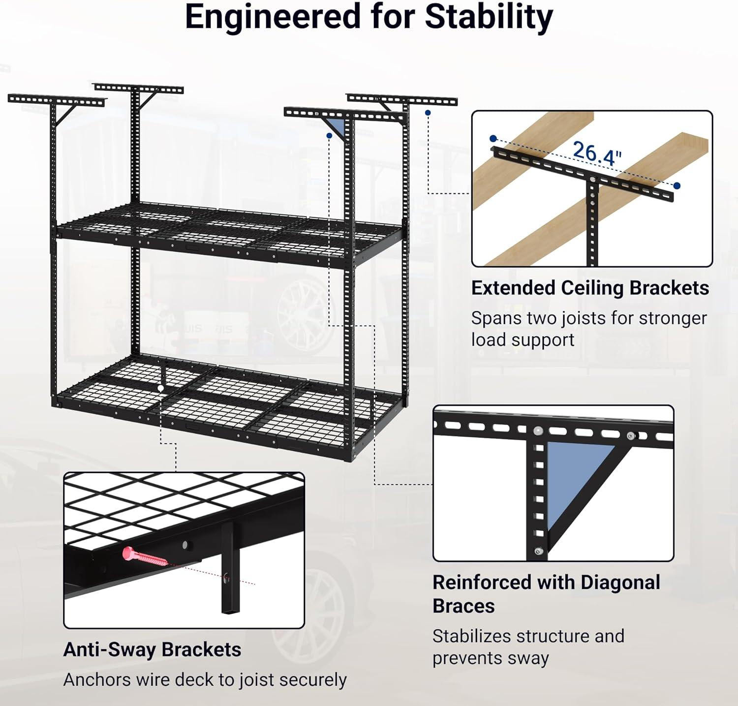 image:imageFLEXIMOUNTS 3x8 2Tier Overhead Garage Storage Rack Adjustable Heavy Duty Metal Garage Ceiling Storage Racks 1000 lbs Capacity Garages Organization System for 915 ft Tall Garages BlackBlack