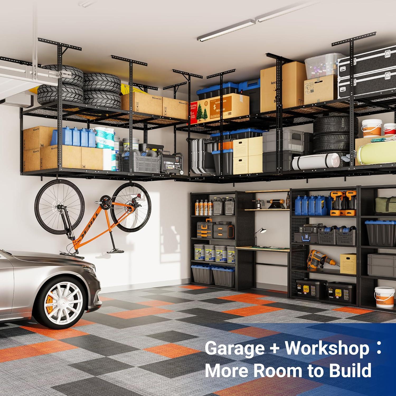 image:imageFLEXIMOUNTS 3x8 2Tier Overhead Garage Storage Rack Adjustable Heavy Duty Metal Garage Ceiling Storage Racks 1000 lbs Capacity Garages Organization System for 915 ft Tall Garages BlackBlack