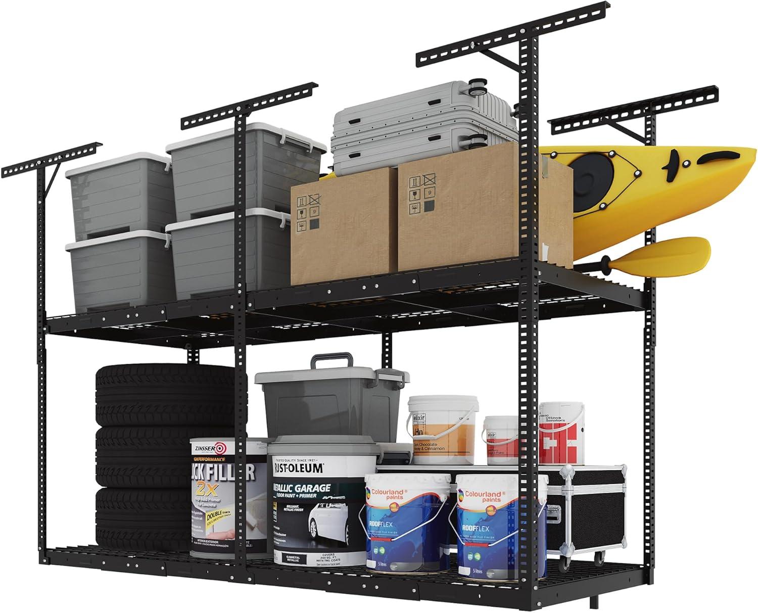 image:imageFLEXIMOUNTS 3x8 2Tier Overhead Garage Storage Rack Adjustable Heavy Duty Metal Garage Ceiling Storage Racks 1000 lbs Capacity Garages Organization System for 915 ft Tall Garages BlackBlack