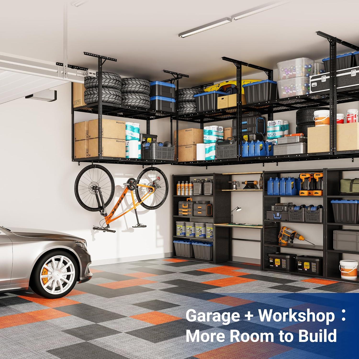 image:imageFLEXIMOUNTS 3x8 2Tier Overhead Garage Storage Rack Adjustable Heavy Duty Metal Garage Ceiling Storage Racks 1000 lbs Capacity Garages Organization System for 915 ft Tall Garages BlackBlack