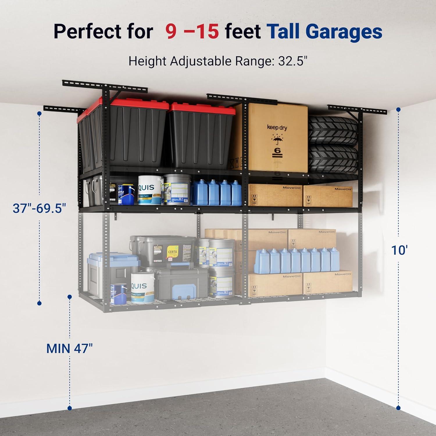 image:imageFLEXIMOUNTS 3x8 2Tier Overhead Garage Storage Rack Adjustable Heavy Duty Metal Garage Ceiling Storage Racks 1000 lbs Capacity Garages Organization System for 915 ft Tall Garages BlackBlack