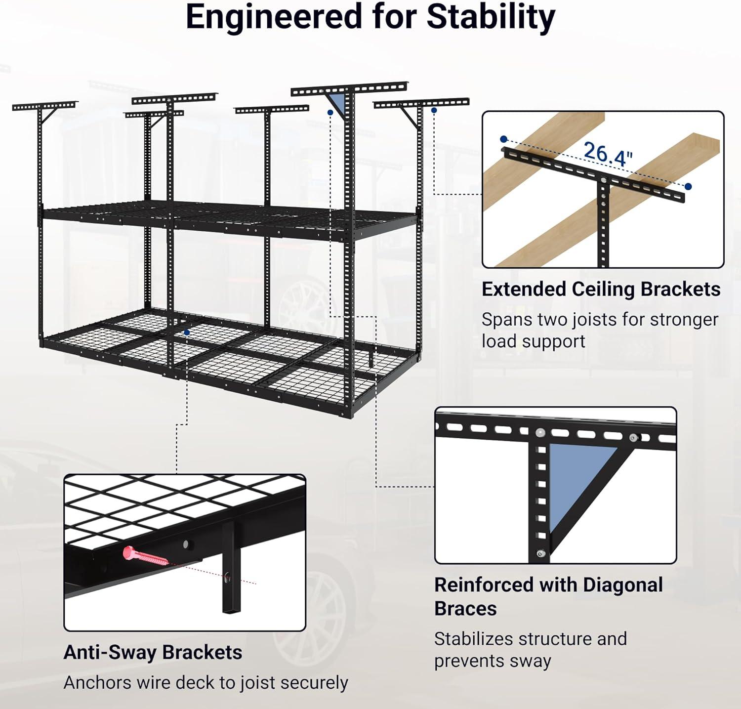 image:imageFLEXIMOUNTS 3x8 2Tier Overhead Garage Storage Rack Adjustable Heavy Duty Metal Garage Ceiling Storage Racks 1000 lbs Capacity Garages Organization System for 915 ft Tall Garages BlackBlack