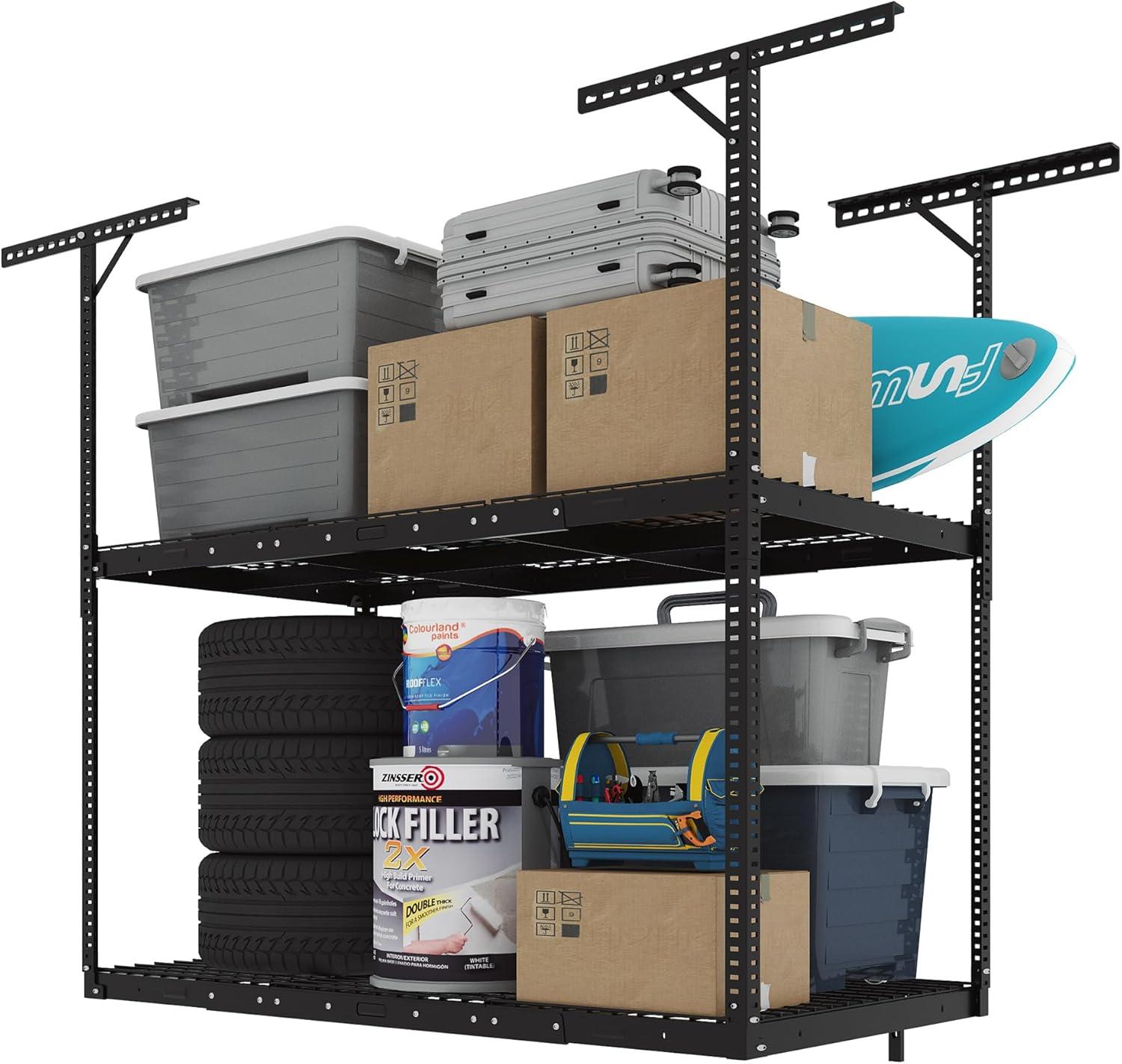 image:imageFLEXIMOUNTS 3x8 2Tier Overhead Garage Storage Rack Adjustable Heavy Duty Metal Garage Ceiling Storage Racks 1000 lbs Capacity Garages Organization System for 915 ft Tall Garages BlackBlack