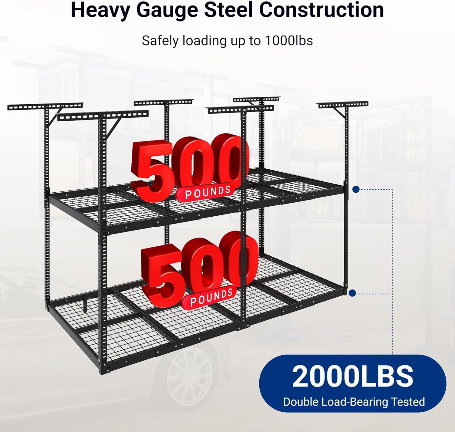 image:imageFLEXIMOUNTS 3x8 2Tier Overhead Garage Storage Rack Adjustable Heavy Duty Metal Garage Ceiling Storage Racks 1000 lbs Capacity Garages Organization System for 915 ft Tall Garages BlackBlack