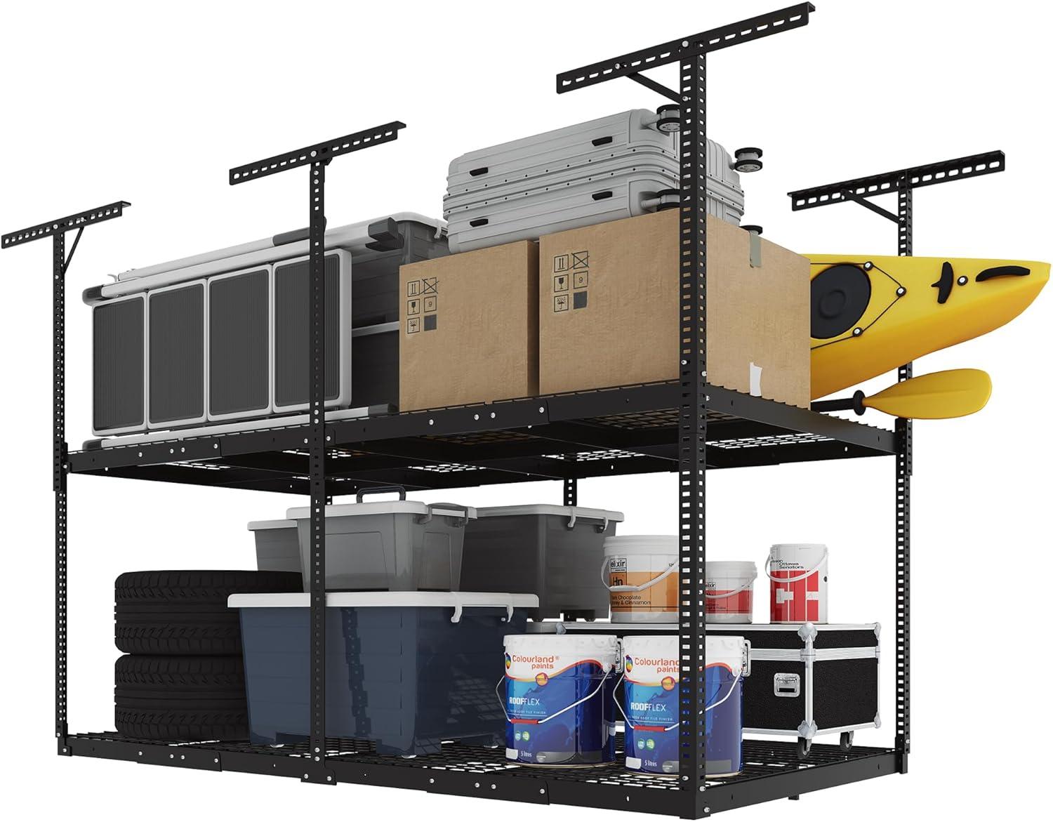 image:imageFLEXIMOUNTS 3x8 2Tier Overhead Garage Storage Rack Adjustable Heavy Duty Metal Garage Ceiling Storage Racks 1000 lbs Capacity Garages Organization System for 915 ft Tall Garages BlackBlack