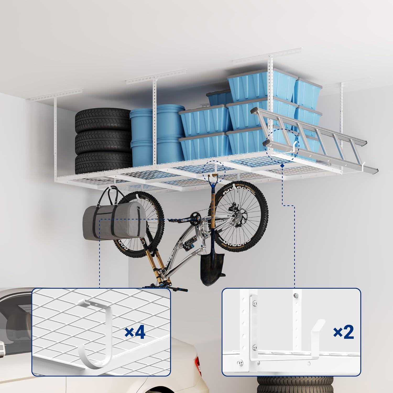 image:imageFLEXIMOUNTS 3x8 2Tier Overhead Garage Storage Rack Adjustable Heavy Duty Metal Garage Ceiling Storage Racks 1000 lbs Capacity Garages Organization System for 915 ft Tall Garages BlackWhite