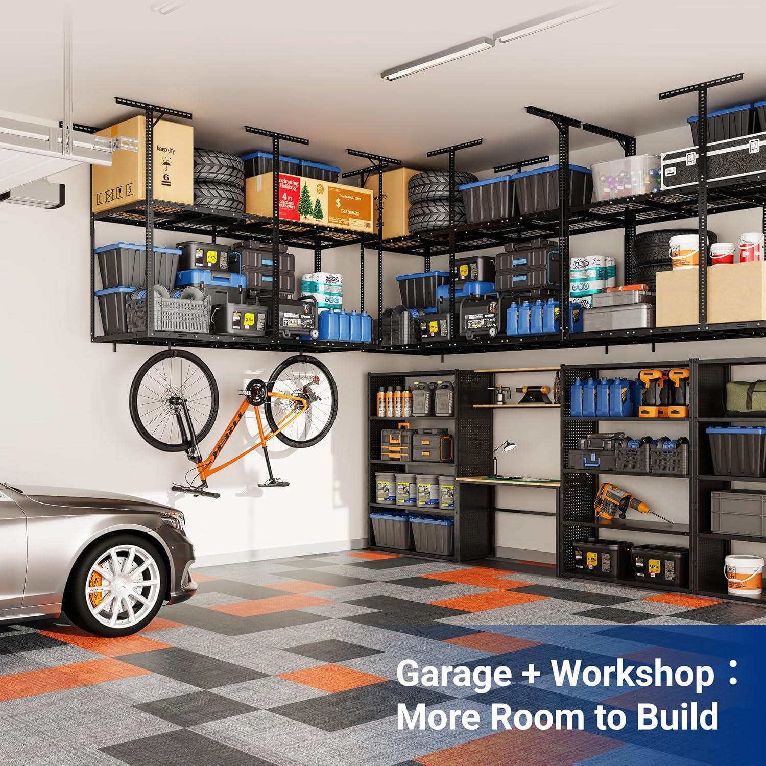 image:imageFLEXIMOUNTS 3x8 2Tier Overhead Garage Storage Rack Adjustable Heavy Duty Metal Garage Ceiling Storage Racks 1000 lbs Capacity Garages Organization System for 915 ft Tall Garages BlackBlack