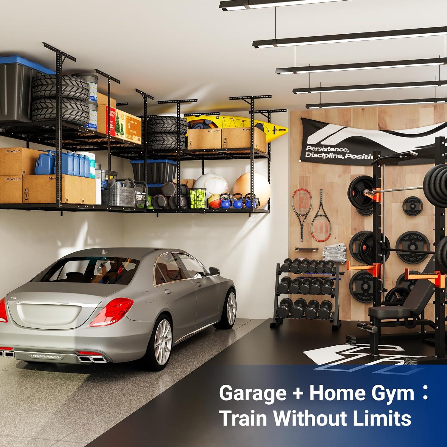 image:imageFLEXIMOUNTS 3x8 2Tier Overhead Garage Storage Rack Adjustable Heavy Duty Metal Garage Ceiling Storage Racks 1000 lbs Capacity Garages Organization System for 915 ft Tall Garages BlackBlack