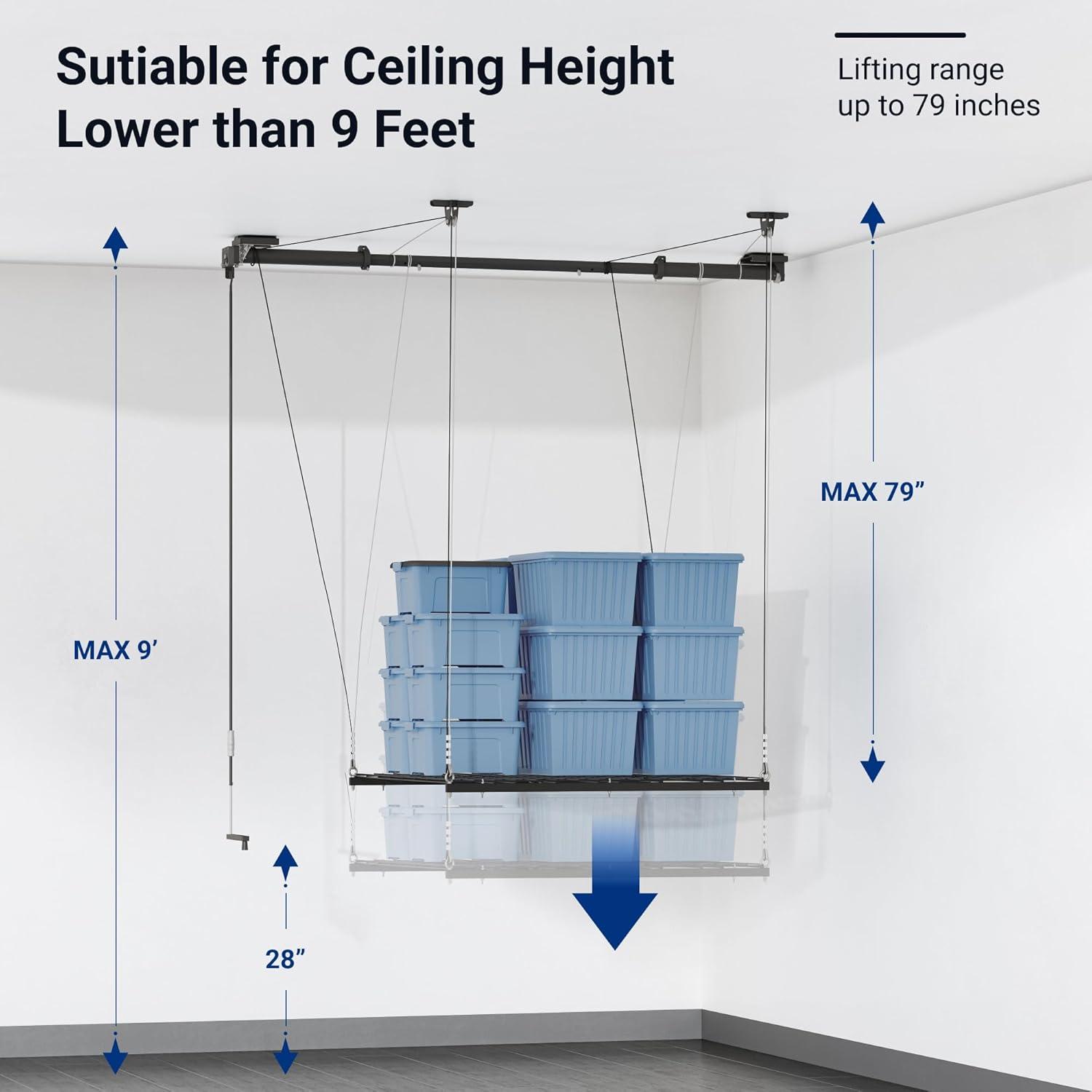 image:imageFLEXIMOUNTS GL1 Overhead Garage Lifting Storage Rack 4x4 Ft HeavyDuty Metal Garage Ceiling Rack Adjustable Organization System With 71L Axle 300lbs Weight BlackBlack