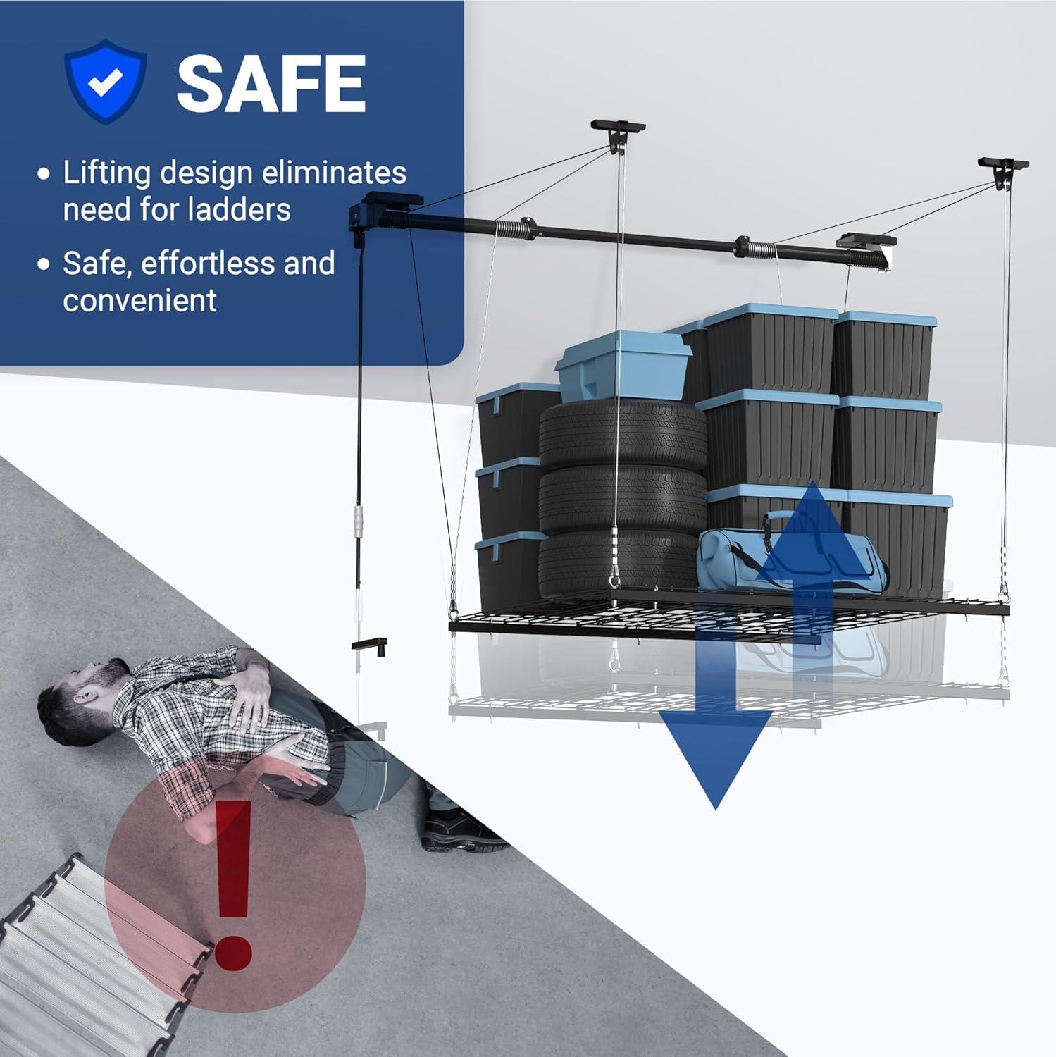 image:imageFLEXIMOUNTS GL1 Overhead Garage Lifting Storage Rack 4x4 Ft HeavyDuty Metal Garage Ceiling Rack Adjustable Organization System With 71L Axle 300lbs Weight BlackBlack