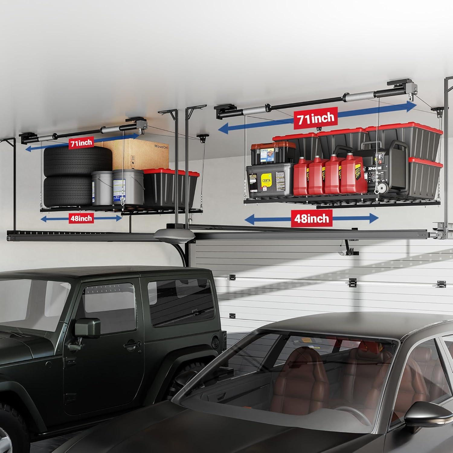 image:imageFLEXIMOUNTS Overhead Garage Storage Rack Lift 4x4 Ft HeavyDuty Garage Ceiling Storage Racks Adjustable Organization System With 71 L Axle 300lbs Load Capacity Flat BlackFlat Black