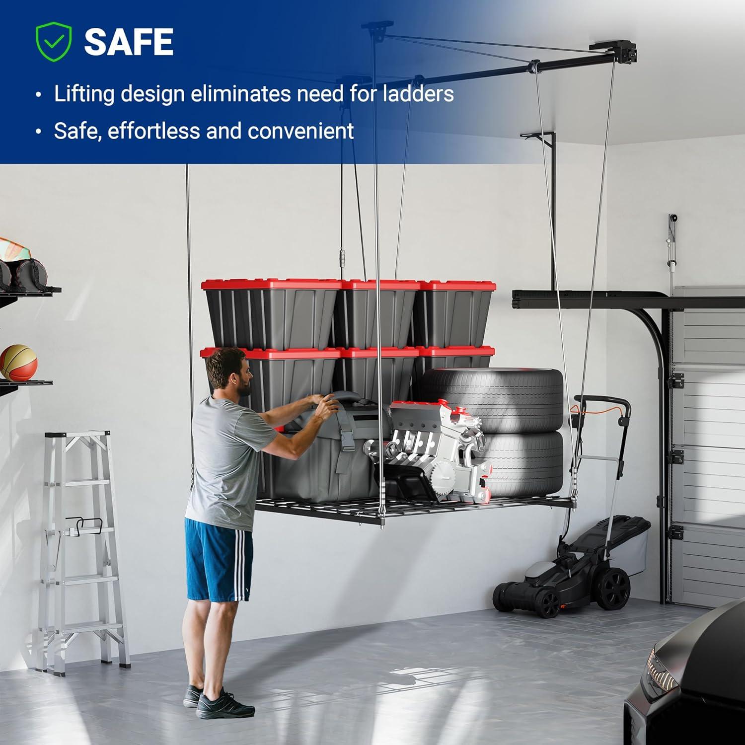 image:imageFLEXIMOUNTS Overhead Garage Storage Rack Lift 4x4 Ft HeavyDuty Garage Ceiling Storage Racks Adjustable Organization System With 71 L Axle 300lbs Load Capacity Flat BlackMatt Black