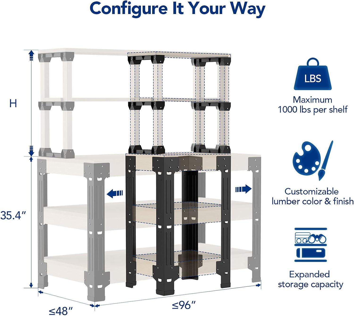 image:imageFLEXIMOUNTS Universal Steel Work Bench Leg Kit Garage Storage Shelving Frame Workbenches Customizable in Sizes and Colors Maximum 96 Length 48 Width Adjustable Height BlackLumber Not IncludedSteel WorkbenchShelf