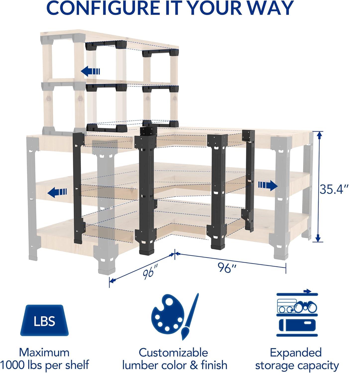 image:imageFLEXIMOUNTS Universal Steel Work Bench Leg Kit Garage Storage Shelving Frame Workbenches Customizable in Sizes and Colors Maximum 96 Length 48 Width Adjustable Height BlackLumber Not IncludedLShaped Work Bench with Shelf