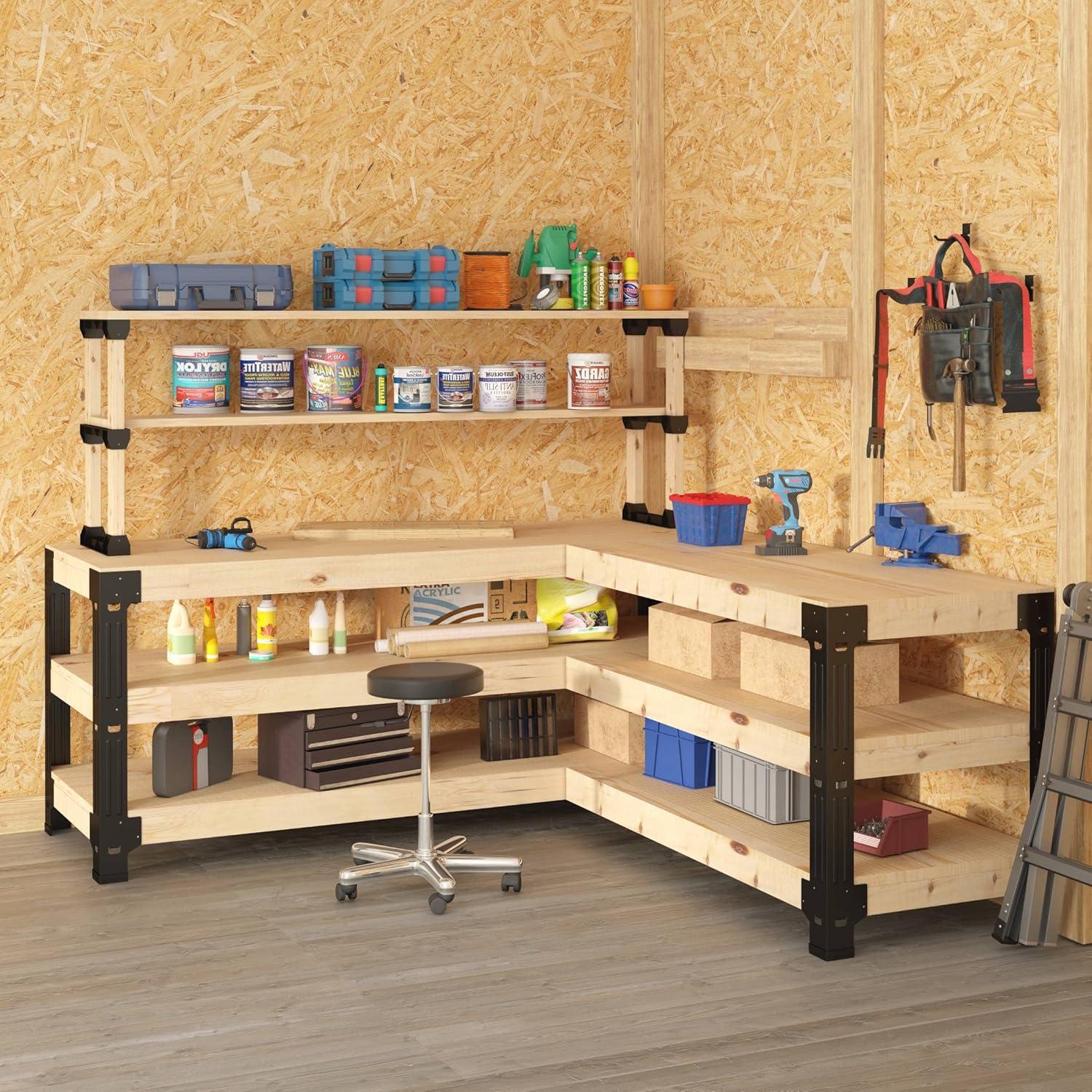image:imageFLEXIMOUNTS Universal Steel Work Bench Leg Kit Garage Storage Shelving Frame Workbenches Customizable in Sizes and Colors Maximum 96 Length 48 Width Adjustable Height BlackLumber Not IncludedLShaped Work Bench with Shelf