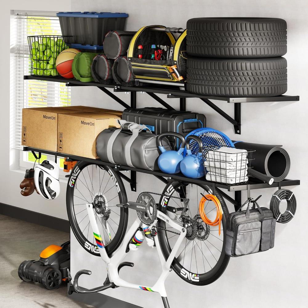 image:imageFLEXIMOUNTS 2x6ft Heavy Duty Garage Storage Shelving 1600lbs Total Weight Capacity 2 Pack Wall Organization System 24 x75inch Rack Floating Shelves Pro Series2pack 2x6ft w 8 hooks800lbs