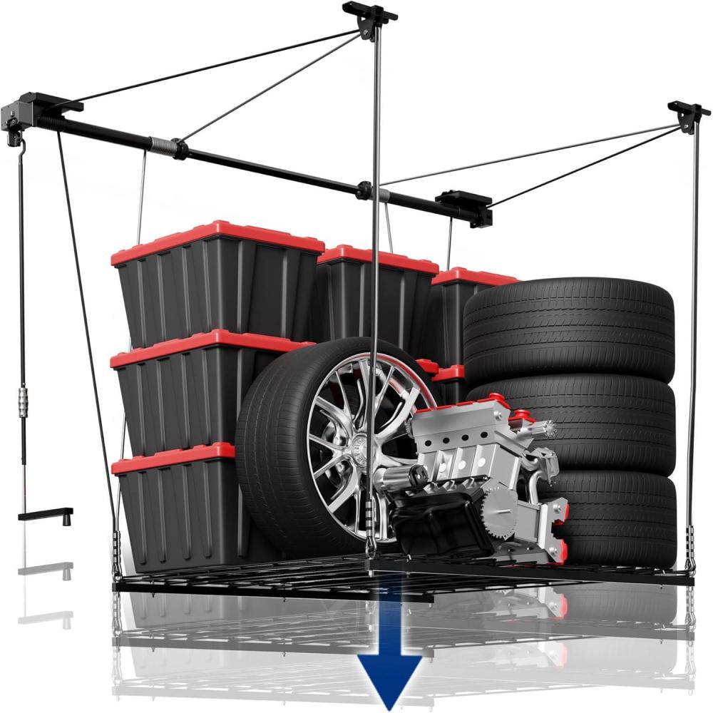 image:imageFLEXIMOUNTS Overhead Garage Storage Rack Lift 4x4 Ft HeavyDuty Garage Ceiling Storage Racks Adjustable Organization System With 71 L Axle 300lbs Load Capacity Flat BlackFlat Black