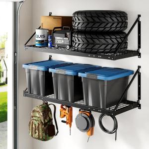 FLEXIMOUNTS 2-Pack 2x4ft Garage Wall Shelving – Heavy Duty Garage Storage Rack, 660lbs Load Capacity with Brace Guardrail, Organization System for Tools, Bins, Utility Room, Pro Series(2X4ft-2pcs with 4 hooks)
