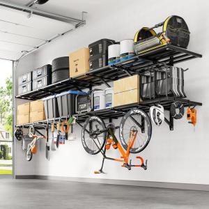 FLEXIMOUNTS 2x6ft Heavy Duty Garage Storage Shelving, 1600lbs Total Weight Capacity, 2 Pack Wall Organization System, 24 x75inch Rack Floating Shelves, Pro Series(4pack 2x6ft w/ 16 hooks-1600lbs)