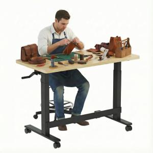 FLEXIMOUNTS 47.2″ x 23.6″ Adjustable Height Workbench with Hand Crank, Drawers & 360° Wheels – Rubber Wood Top Heavy-Duty Workstation & Steel Frame for Garage, Studio, Kitchen or Workshop(47.2″ x 23.6″)