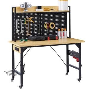 FLEXIMOUNTS Adjustable Workbench with pegboard, 48” Heavy Duty Wooden Work Bench with Wheels, 2000 LBS Load Capacity, Rolling Workbench with AC/USB Outlet, Hooks, Shelf for Garage, Workshop, Home