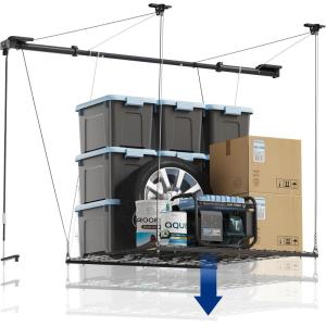 FLEXIMOUNTS GL1 Overhead Garage Lifting Storage Rack, 4×4 Ft Heavy-Duty Metal Garage Ceiling Rack, Adjustable Organization System With 71”L Axle, 300lbs Weight, Black(Black)
