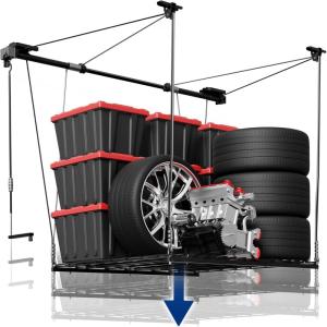 FLEXIMOUNTS GL1 Overhead Garage Lifting Storage Rack, 4×4 Ft Heavy-Duty Metal Garage Ceiling Rack, Adjustable Organization System With 71”L Axle, 300lbs Weight, Black(Flat Black)