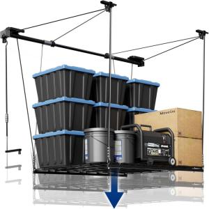 FLEXIMOUNTS GL1 Overhead Garage Lifting Storage Rack, 4×4 Ft Heavy-Duty Metal Garage Ceiling Rack, Adjustable Organization System With 71”L Axle, 300lbs Weight, Black(Matt Black)