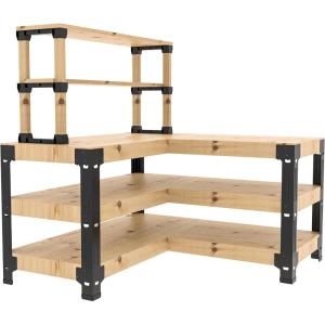 FLEXIMOUNTS Universal Steel Work Bench Leg Kit, Garage Storage Shelving Frame Workbenches Customizable in Sizes and Colors, Maximum 96″ Length, 48″ Width, Adjustable Height, Black,Lumber Not Included(L-Shaped Work Bench with Shelf)