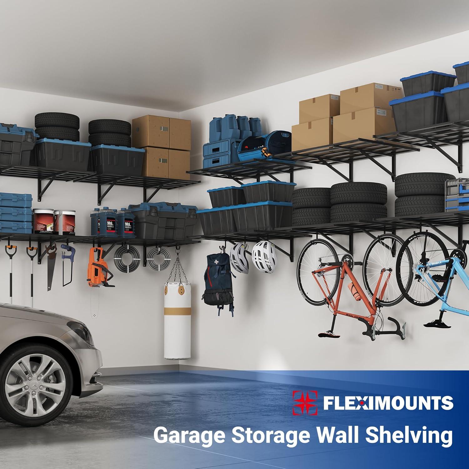 image:imageFLEXIMOUNTS 2x6ft Heavy Duty Garage Storage Wall Shelving 1600lbs Load Capacity 2 Pack Wall Mounted Storage Rack 24x75 inch Rack Floating Shelves for Garage Organization Snap Assembly Pro Series2 pack2x4ft8 hooks