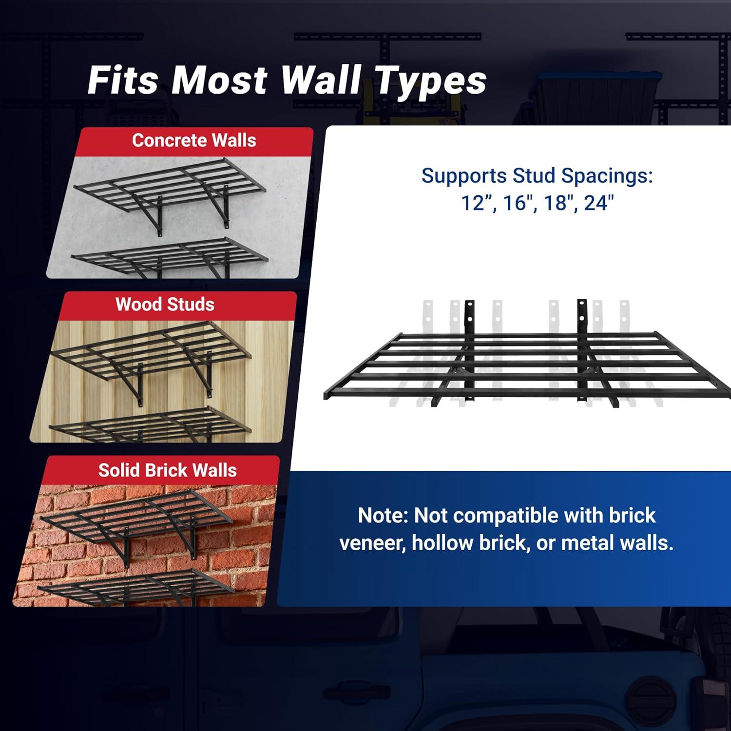 image:imageFLEXIMOUNTS 2x6ft Heavy Duty Garage Storage Wall Shelving 1600lbs Load Capacity 2 Pack Wall Mounted Storage Rack 24x75 inch Rack Floating Shelves for Garage Organization Snap Assembly Pro Series2 pack2x4ft8 hooks