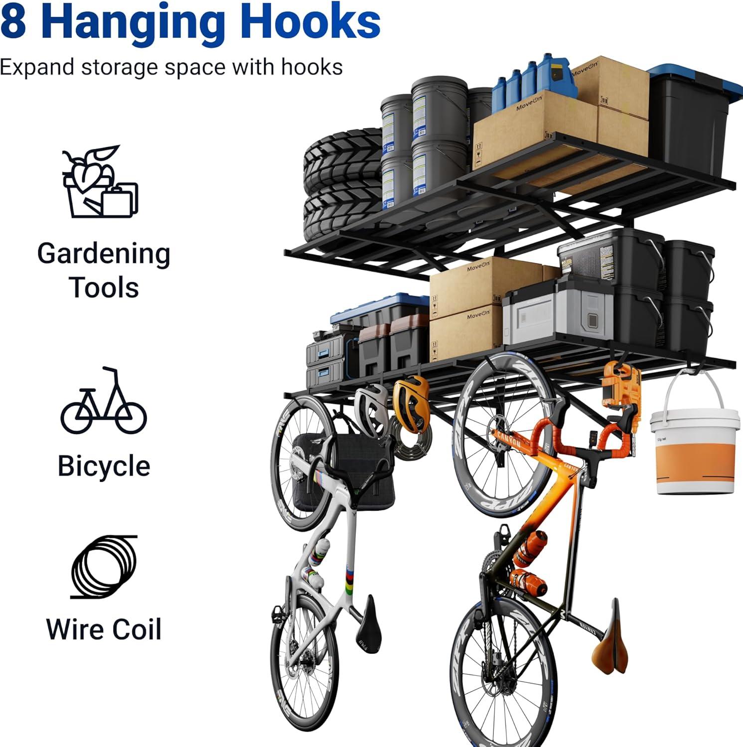 image:imageFLEXIMOUNTS 2x6ft Heavy Duty Garage Storage Wall Shelving 1600lbs Load Capacity 2 Pack Wall Mounted Storage Rack 24x75 inch Rack Floating Shelves for Garage Organization Snap Assembly Pro Series2 pack2x4ft8 hooks