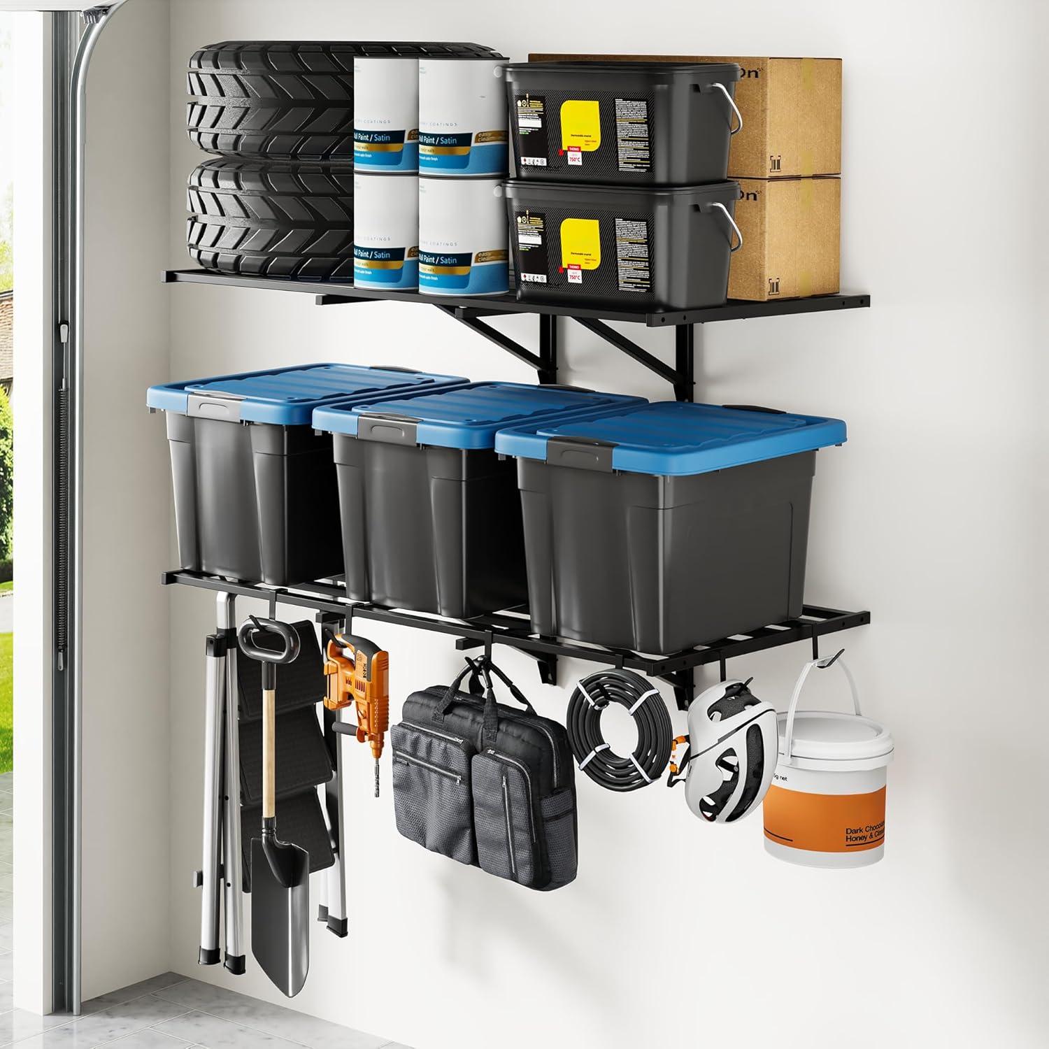 image:imageFLEXIMOUNTS 2x6ft Heavy Duty Garage Storage Wall Shelving 1600lbs Load Capacity 2 Pack Wall Mounted Storage Rack 24x75 inch Rack Floating Shelves for Garage Organization Snap Assembly Pro Series2 pack2x4ft8 hooks