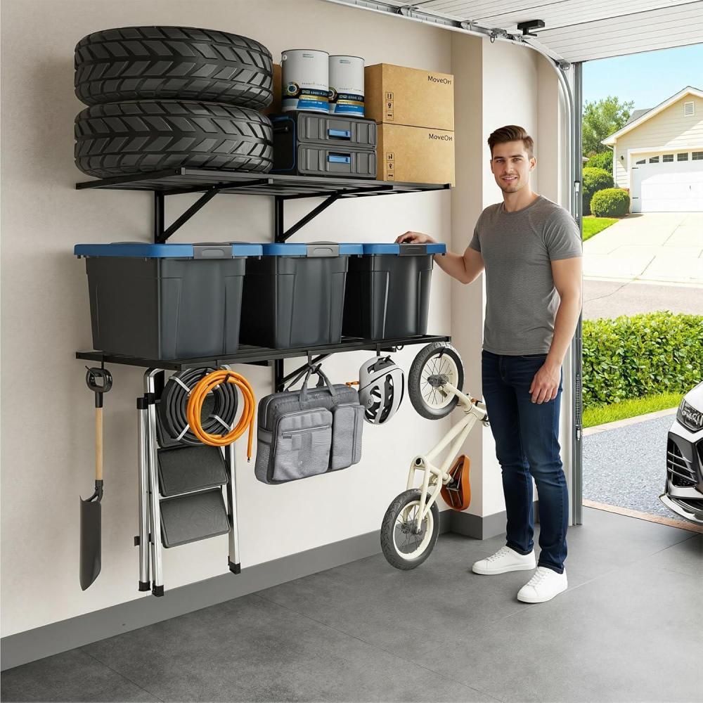 image:imageFLEXIMOUNTS 2x6ft Heavy Duty Garage Storage Wall Shelving 1600lbs Load Capacity 2 Pack Wall Mounted Storage Rack 24x75 inch Rack Floating Shelves for Garage Organization Snap Assembly Pro Series2 pack2x4ft8 hooks